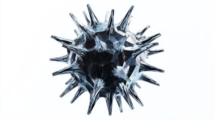 A conceptual illustration of a virus with crystalline structure, geometric precision, sci-fi style, isolated on white background.