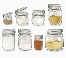 glass container for flour, sugar, pasta dry food spices free waste eco for storing bulk products at home. illustration isolated on white background