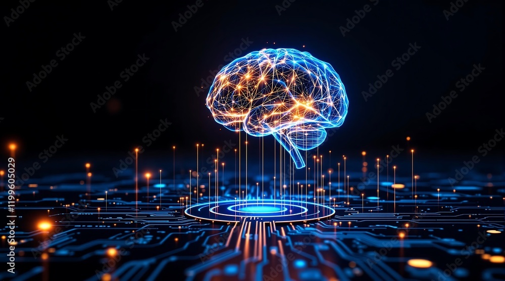Poster big data and artificial intelligence concept with human brain glowing from processor, symbolizing fu
