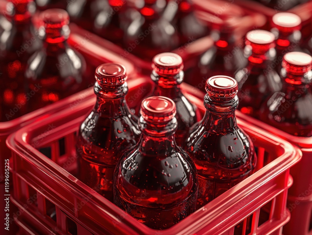 Poster vibrant red soft drink bottles arranged neatly in a bright red crate, capturing refreshing beverage 