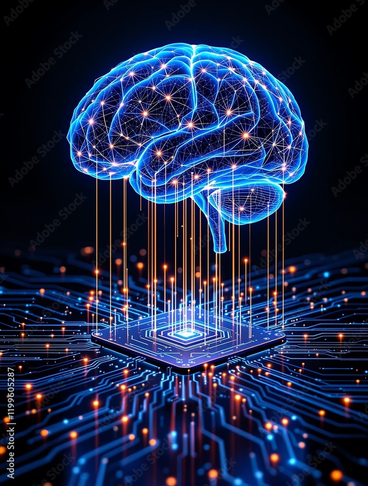 Poster big data and artificial intelligence concept with human brain glowing from processor, symbolizing fu