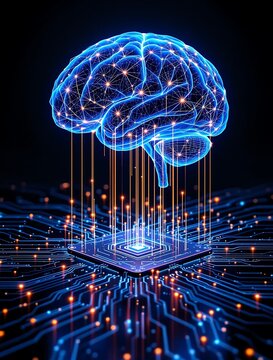 Big data and artificial intelligence concept with human brain glowing from processor, symbolizing fusion of human intelligence and machine learning in technology evolution