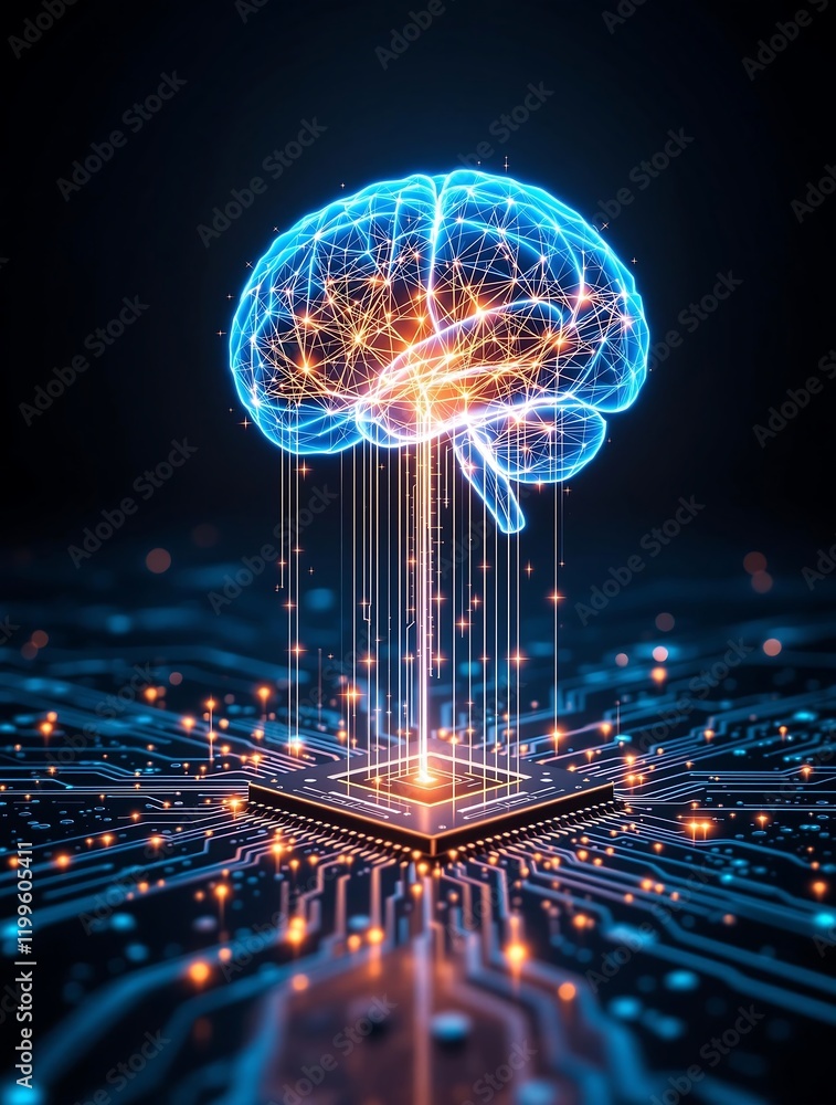 Poster big data and artificial intelligence concept with human brain glowing from processor, symbolizing fu