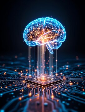 Big data and artificial intelligence concept with human brain glowing from processor, symbolizing fusion of human intelligence and machine learning in technology evolution