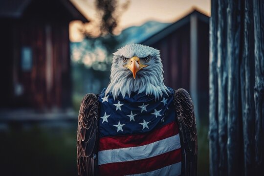 A striking representation of patriotism: bald eagle draped in the American flag.