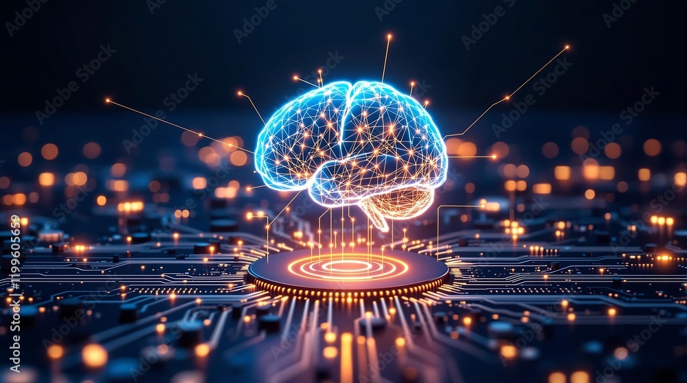 Poster big data and artificial intelligence concept with human brain glowing from processor, symbolizing fu
