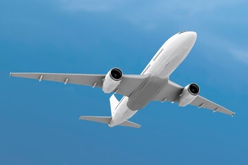 Flying airplane background, 3D vehicle, air transportation