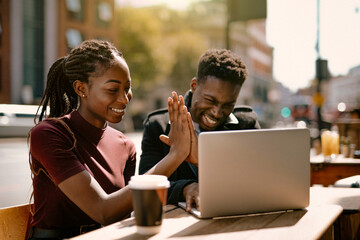 Happy couple working outdoors