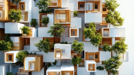 Fototapeta premium Aerial view of modern eco-friendly housing complex with greenery integrated into architecture