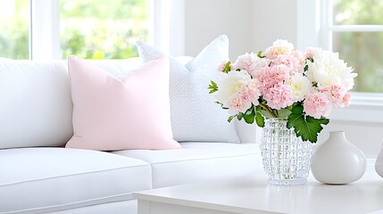Pink Peonies in Crystal Vase on White Sofa  Modern Home Decor