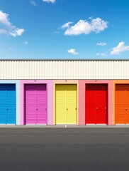 Colorful storage units representing climate-controlled storage solutions with facility rental space