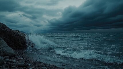 Obraz premium Dark Stormy Ocean Waves Crashing on Rocky Shore