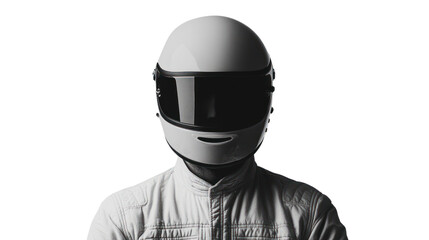 A faceless figure in a sleek white helmet and suit, embodying the essence of anonymity and speed against a white isolate background.
