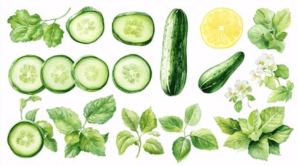 Watercolor clipart collection featuring cucumbers, green leaves, slices, and blooming flowers, ideal for fresh garden-inspired artwork.