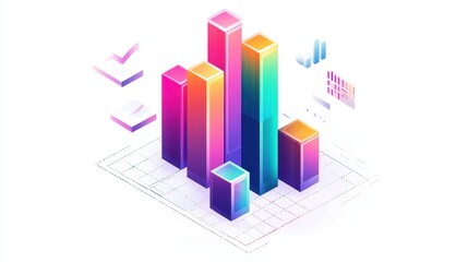 A creative bar chart, corporate element, isometric view, vibrant colors, isolated on white background.