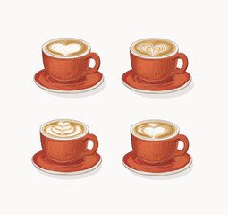 set of four different coffee heart latte art rosetta heart linear illustration drawing isolated on white background