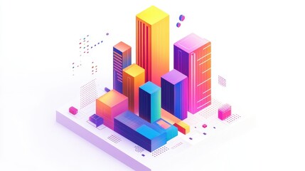 A creative bar chart, corporate element, isometric view, vibrant colors, isolated on white background.