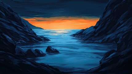 Sunset Vista Between Dark Coastal Cliffs
