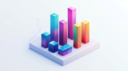 A creative bar chart, corporate element, isometric view, vibrant colors, isolated on white background.