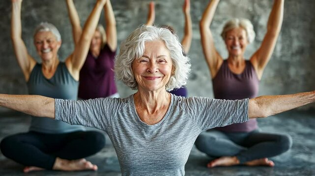 Senior Women Practicing Yoga Together, group yoga, fitness, healthy aging, active seniors, exercise