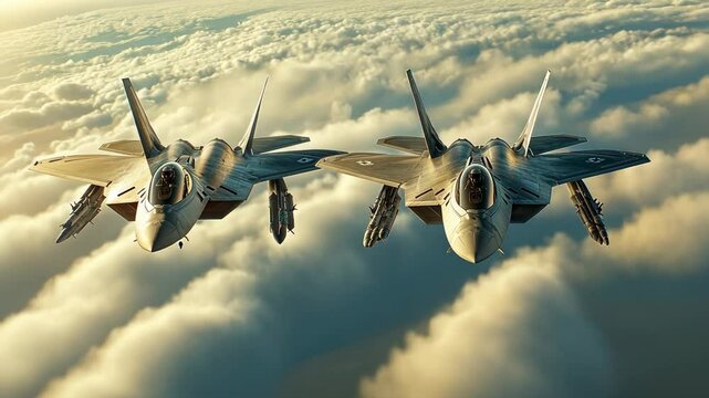 Two F-22 Raptor Stealth Fighter Jets Flying in Formation Above Clouds, military aircraft, air force, aviation, flight, sky