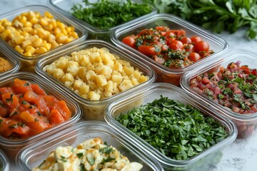 Obraz premium Colorful array of fresh ingredients for meal preparation on a countertop