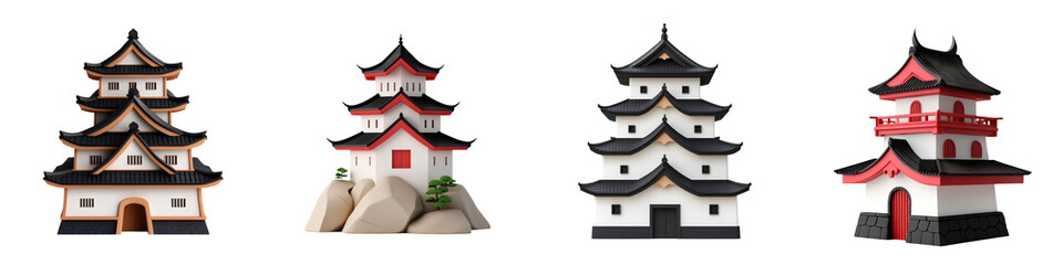 Naklejka premium 3D Japanese castle models with intricate architecture and vibrant colors