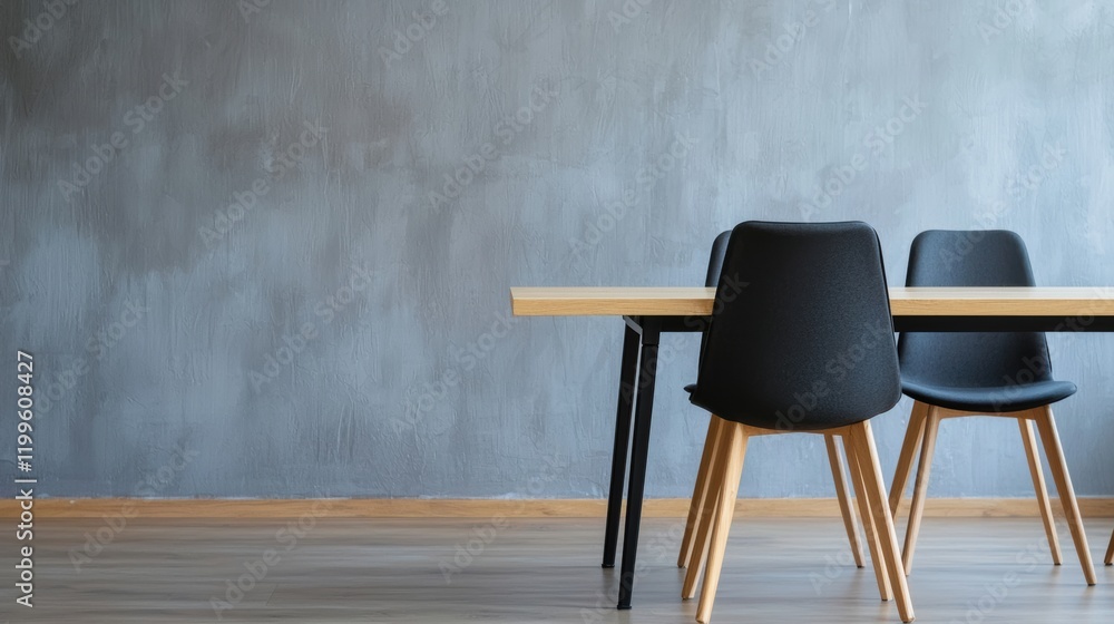 Poster modern meeting room with empty table and chairs promoting effective team collaboration