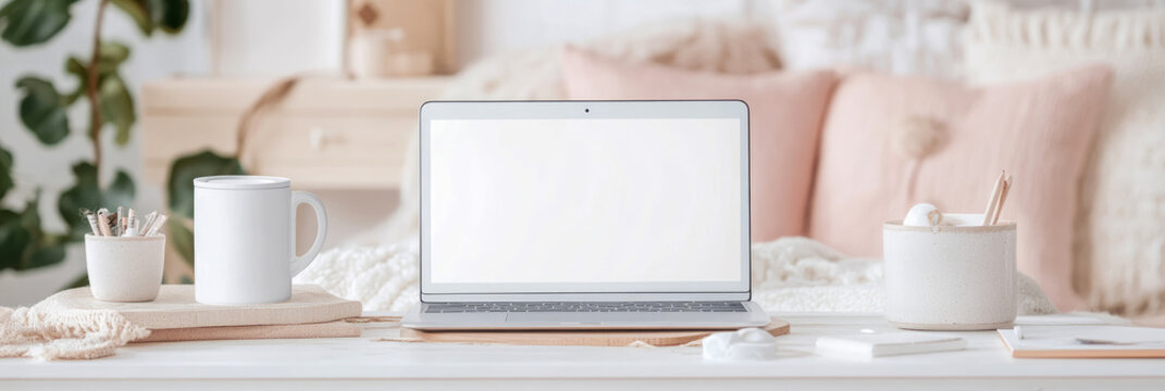 Cozy Home Workspace Setup with Laptop, Mug, and Stationery - Powered by Adobe