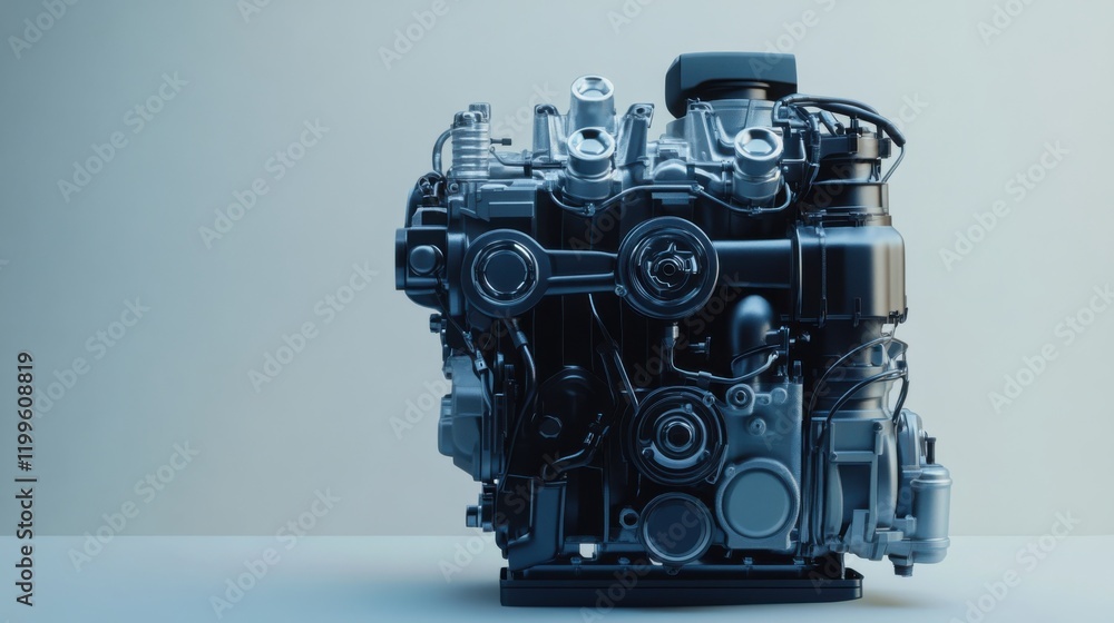 Poster detailed view of a modern engine showcasing intricate design and engineering, set against a minimali