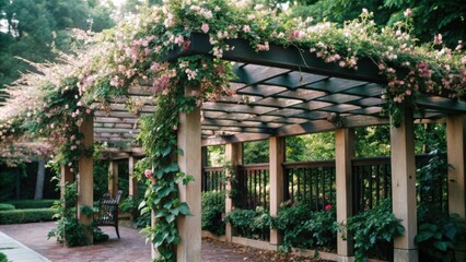 Fototapeta premium A wooden pergola covered in pink flowers and vines