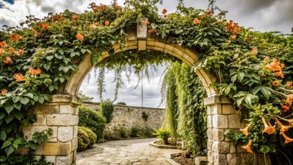 Obraz premium Stone Archway Covered in Orange Flowers and Lush Green Vines