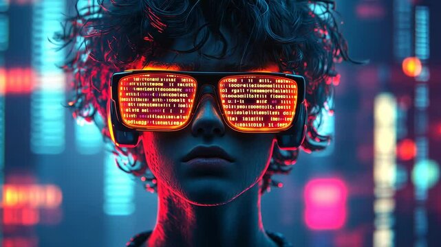 Cyberpunk Woman with Code Glasses, girl, female, futuristic, technology, programming
