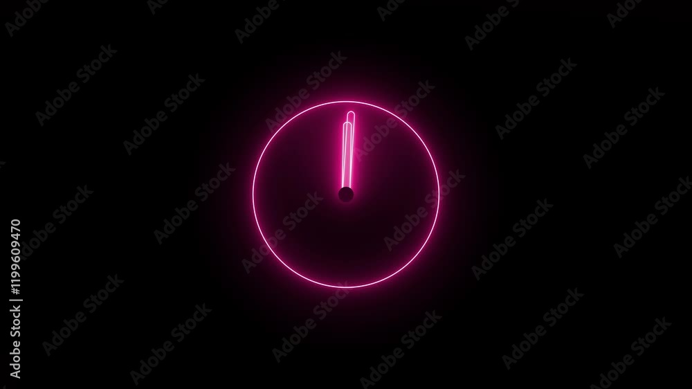 Poster analog neon sing clock icon animation. analog clock circle timer animated on black background.