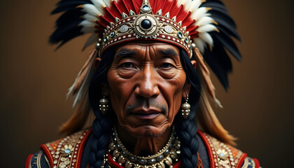 Obraz premium Gorgeous, high-contrast, close-up portrait of an American Indian chief proudly wearing an intricate, beaded and feathered traditional headdress 