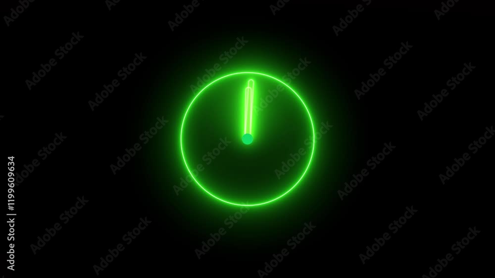 Poster analog neon sing clock icon animation. analog clock circle timer animated on black background.