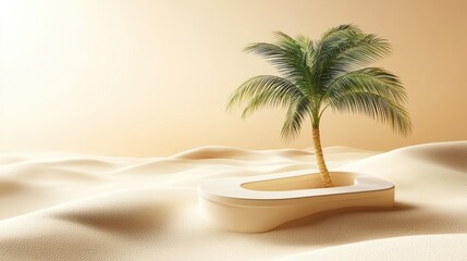 Fototapeta premium Oasis Palm tree in minimalist desert landscape.