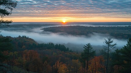 Fototapeta premium Autumn Sunrise Over Foggy Forest Valley