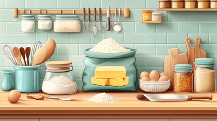Cartoon kitchen setup with baking ingredients like butter, eggs, sugar, and flour in a bag, along with utensils and tools, in a vector illustration.