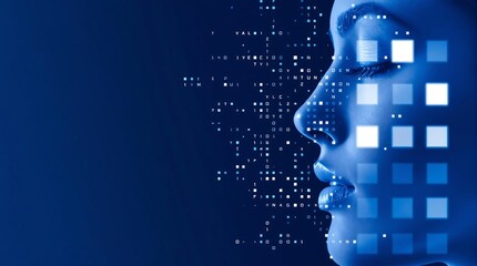 Human-computer interaction concept with person and binary code projected onto their face, symbolizing interplay between humans and digital technology in a digitized world