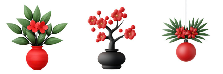 Obraz premium Bright floral arrangements in vases featuring red flowers and green leaves