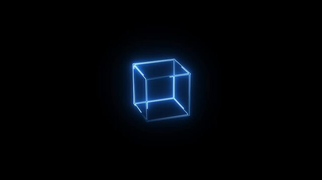 Neon square shape box icon blue red color glowing. Abstract background, cube box with glowing neon lines on black background.