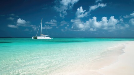 Fototapeta premium White Catamaran Anchored in Turquoise Tropical Waters
