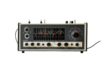 Obraz premium Old analog oscilloscope displaying waveforms in a laboratory setting during daylight hours