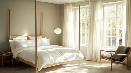 Sunlit Bedroom Featuring Four Poster Bed and Chair
