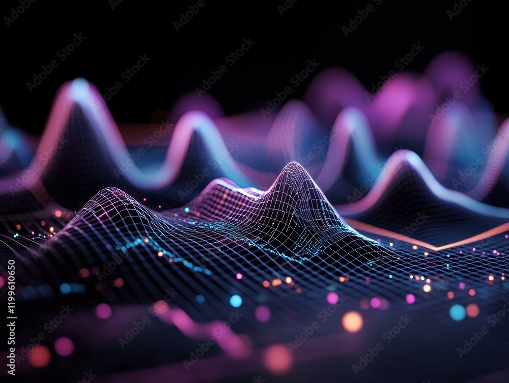 Poster a vibrant digital landscape showcasing intricate wave patterns and glowing dots, representing data v
