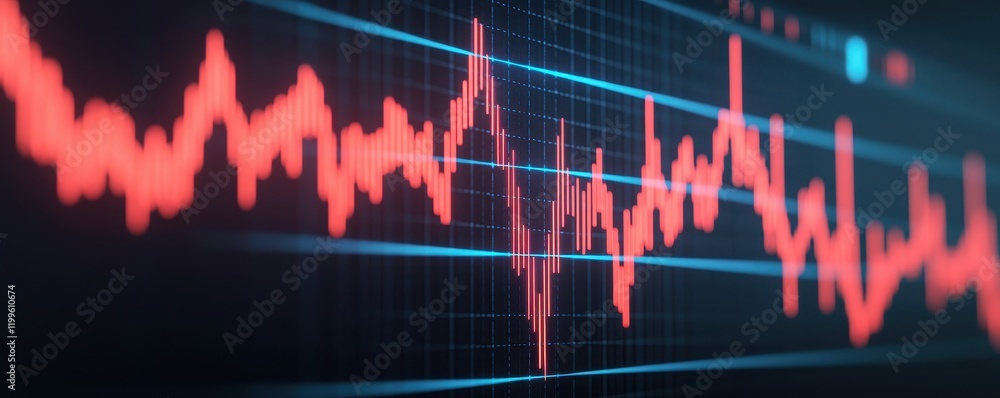 Poster a digital representation of fluctuating data, featuring a vibrant red line graph against a grid back