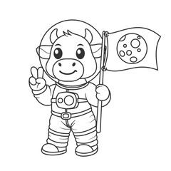 Cute cow wearing astronaut suit and carrying flag for coloring