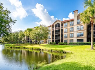 A panoramic view of the exterior of an apartment complex