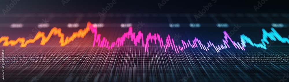 Poster a vibrant audio waveform visualizing sound frequencies in colorful peaks and troughs against a dark 